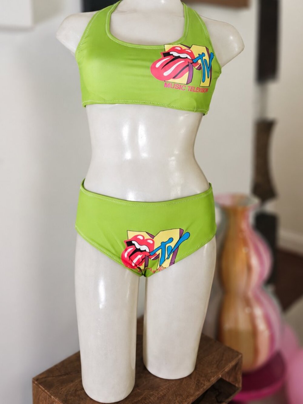 Y2K MTV Neon Green Bikini Set Rolling Stones Logo High Waisted Small‎